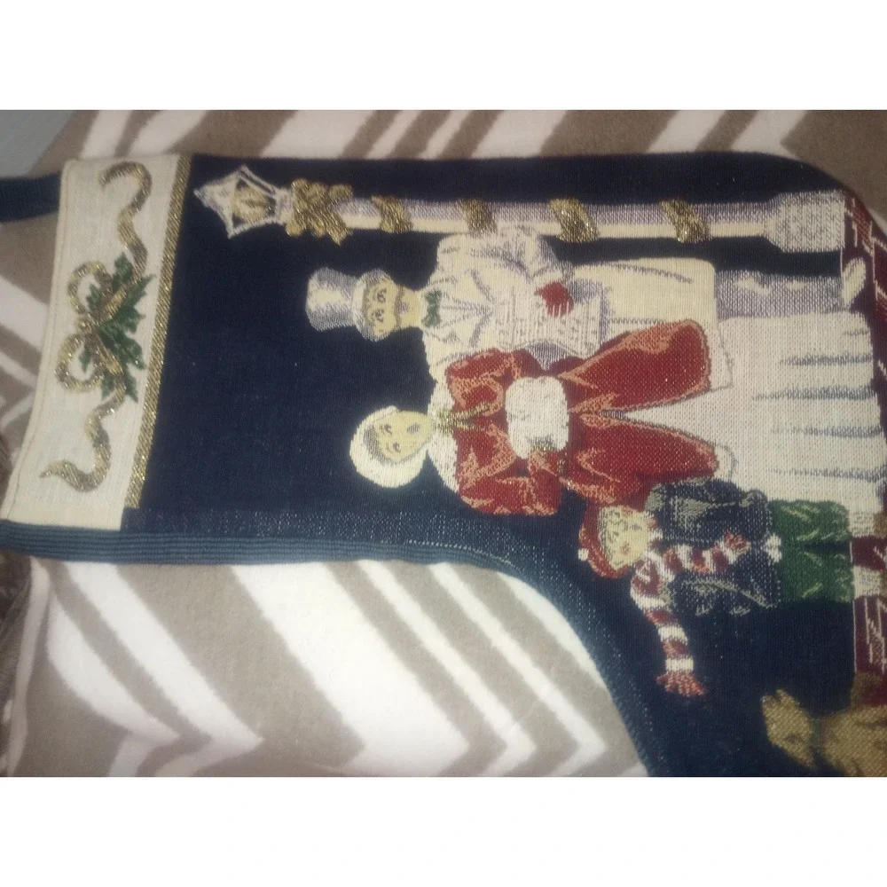 Vtg Handmade Family Under Street Light Tapestry Stocking 14.5L Navy‎